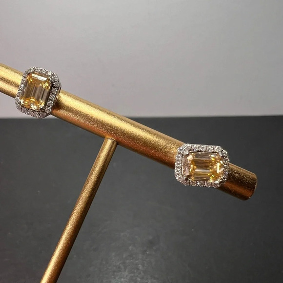 Yellow and white moissanite halo stud earrings in rhodium over sterling silver - Picture 10 of 12